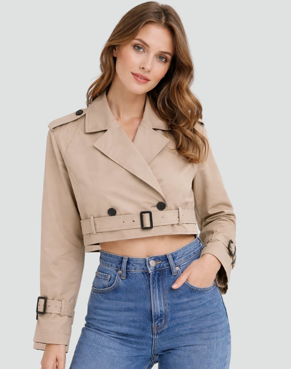 Women's Cropped Double-Breasted Belted Trench Jacket | Spring - Khaki