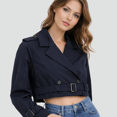 Women's Cropped Double-Breasted Belted Trench Jacket | Spring - Navy