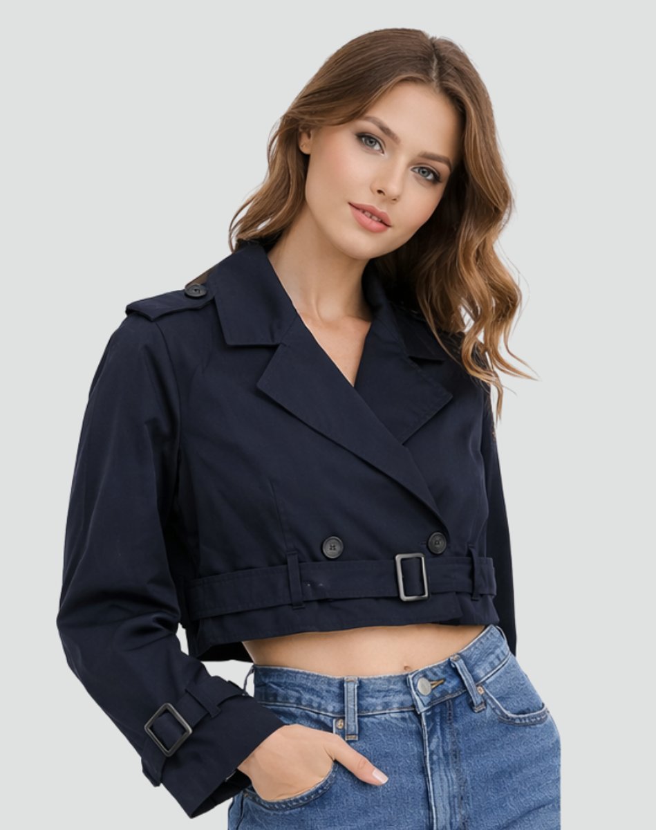 Women's Cropped Double-Breasted Belted Trench Jacket | Spring - Navy