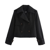 Women's Cropped Double-Breasted Trench Coat - Buckle Cuff | Autumn - Black