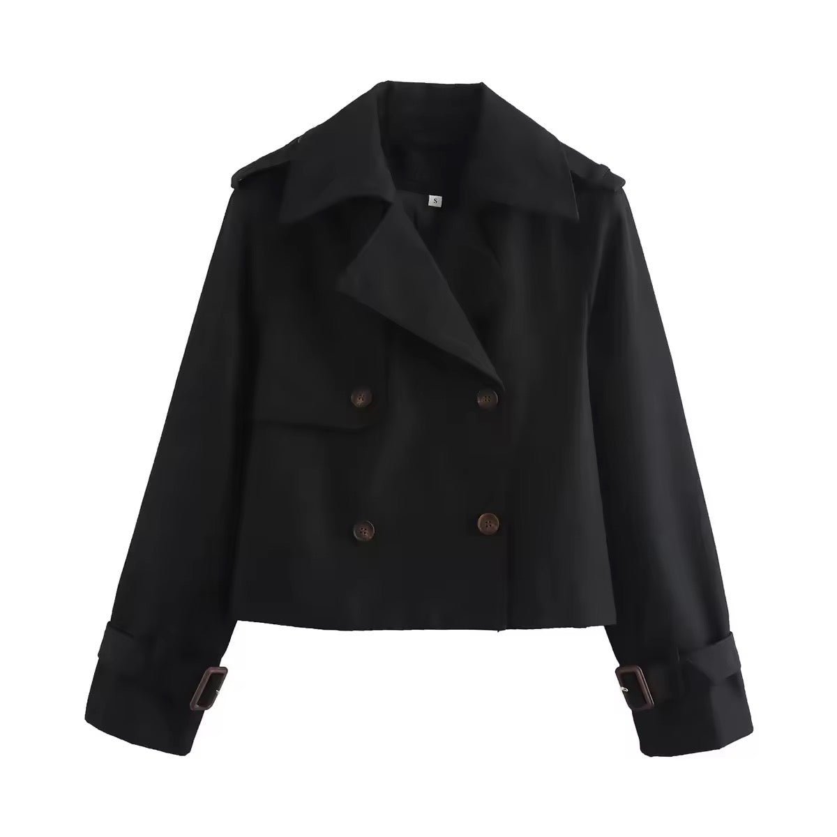 Women's Cropped Double-Breasted Trench Coat - Buckle Cuff | Autumn - Black
