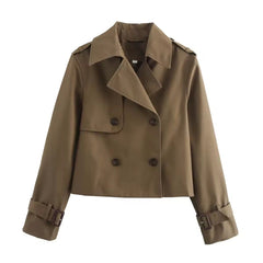 Women's Cropped Double-Breasted Trench Coat - Buckle Cuff | Autumn - Brown