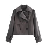 Women's Cropped Double-Breasted Trench Coat - Buckle Cuff | Autumn - Grey