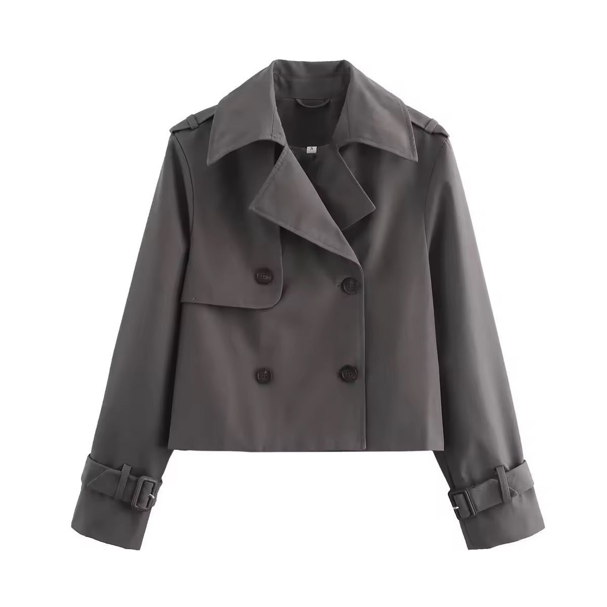 Women's Cropped Double-Breasted Trench Coat - Buckle Cuff | Autumn - Grey