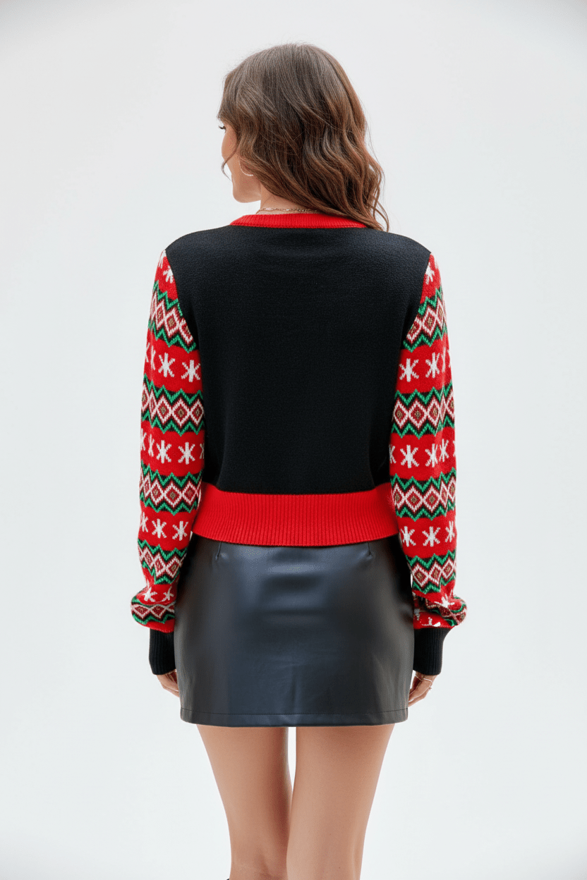 Women's Cropped Knit Sweater | Graphic Front Patterned | Winter