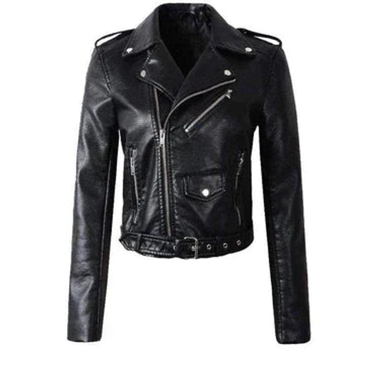 Women's Cropped Moto Faux Leather Jacket - Belted Biker | Autumn - Black