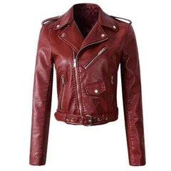 Women's Cropped Moto Faux Leather Jacket - Belted Biker | Autumn - Red
