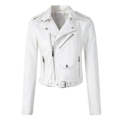 Women's Cropped Moto Faux Leather Jacket - Belted Biker | Autumn - White