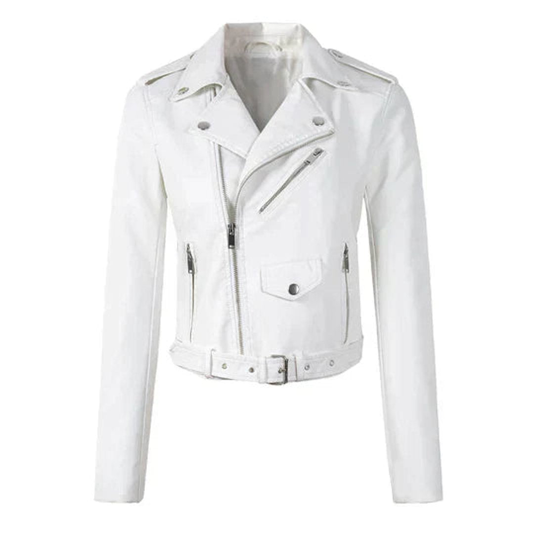 Women's Cropped Moto Faux Leather Jacket - Belted Biker | Autumn - White