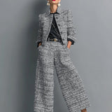 Women's Cropped Tweed Jacket & Wide Leg Pants Set - Professional - Black
