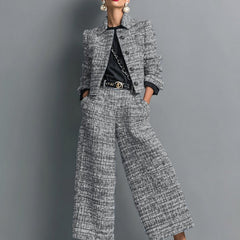 Women's Cropped Tweed Jacket & Wide Leg Pants Set - Professional - Black