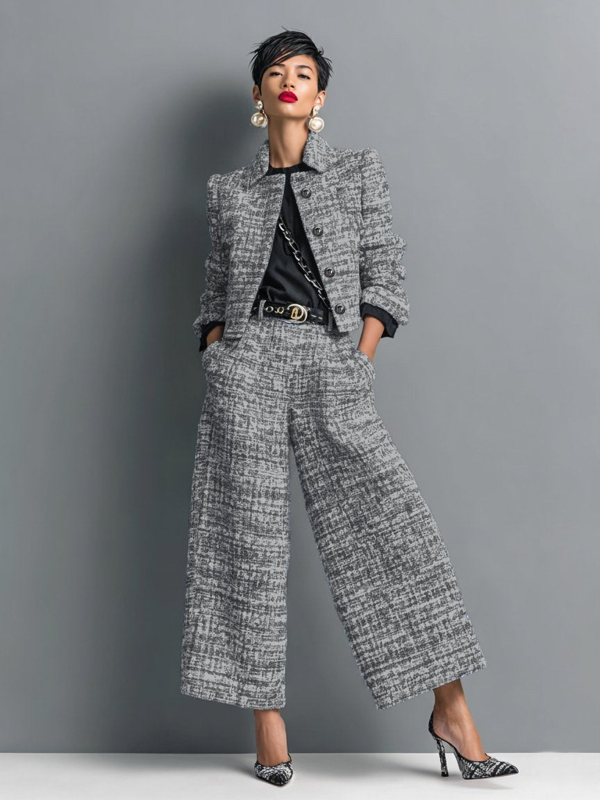 Women's Cropped Tweed Jacket & Wide Leg Pants Set - Professional - Black