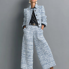 Women's Cropped Tweed Jacket & Wide Leg Pants Set - Professional - Blue
