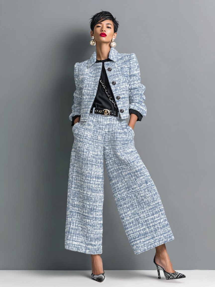 Women's Cropped Tweed Jacket & Wide Leg Pants Set - Professional - Blue
