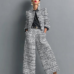 Women's Cropped Tweed Jacket & Wide Leg Pants Set - Professional - Grey
