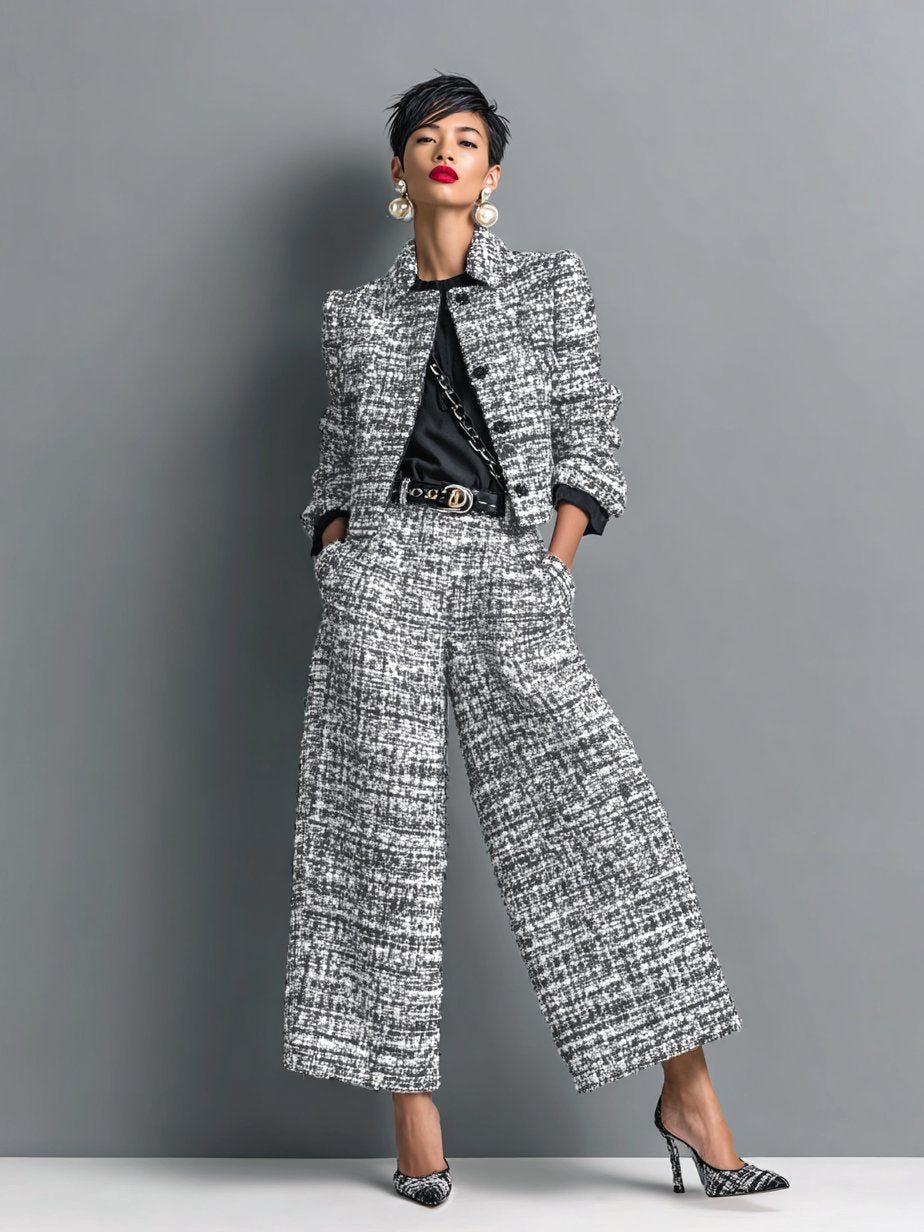 Women's Cropped Tweed Jacket & Wide Leg Pants Set - Professional - Grey