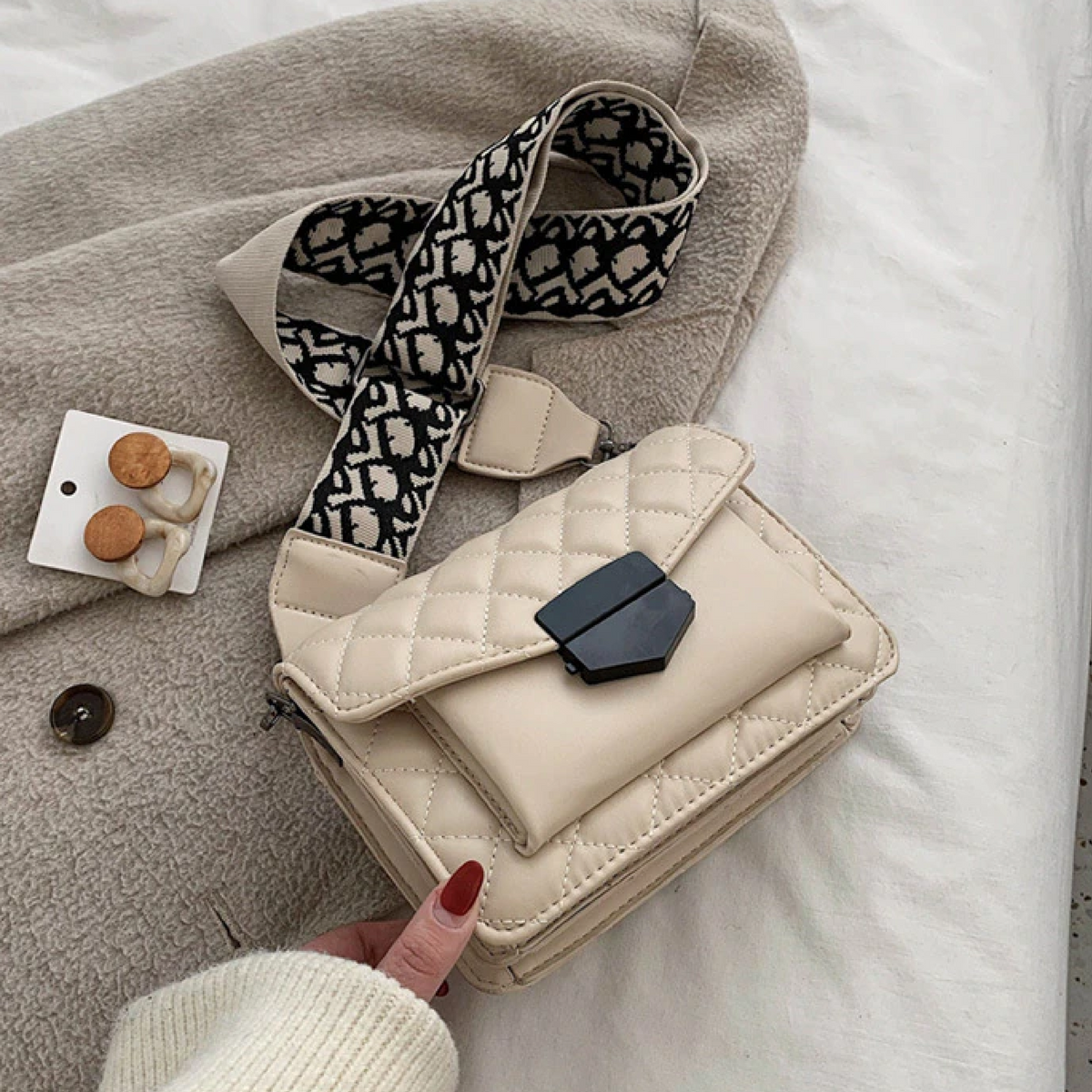 Women's Crossbody Bag | Quilted | Padded | Winter - Beige