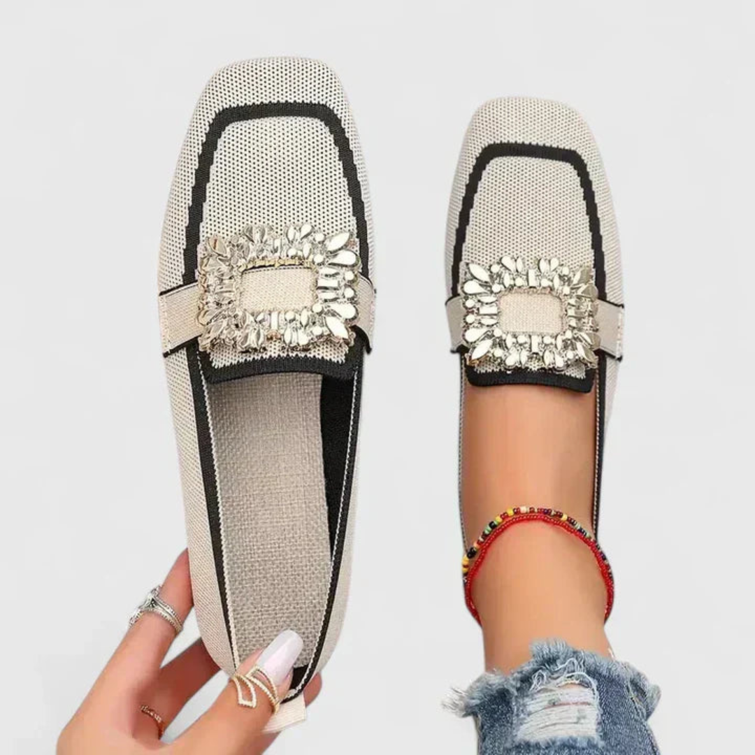 Women's Crystal Buckle Slip-On Loafer - Elegant Comfort | Spring - Beige