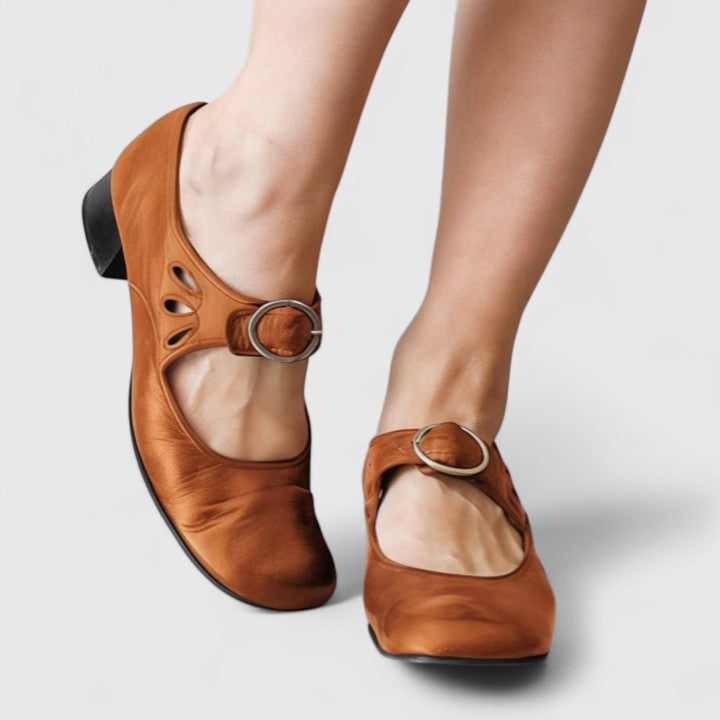 Women's Cushioned Elegant Shoes - Adjustable Strap Low Heel | Autumn - Khaki