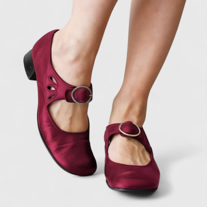 Women's Cushioned Elegant Shoes - Adjustable Strap Low Heel | Autumn - Red