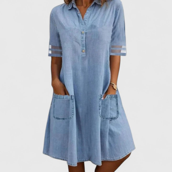 Women's Denim Dress with Patch Pockets - Relaxed Fit | Spring - Blue