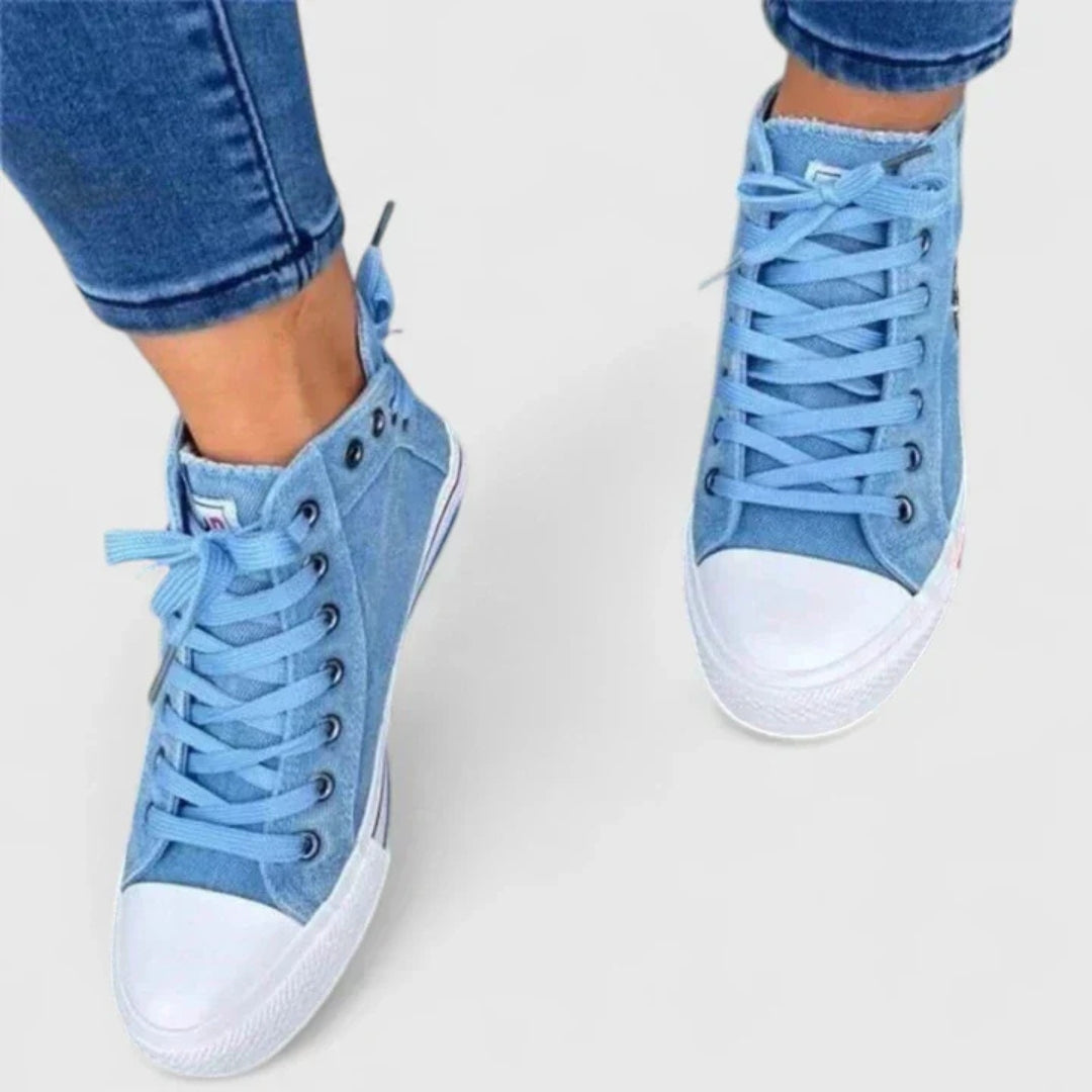 Women's Denim High-Top Sneakers - Modern Lace-Up Style | Spring