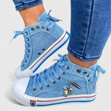 Women's Denim High-Top Sneakers - Modern Lace-Up Style | Spring - Denim Blue