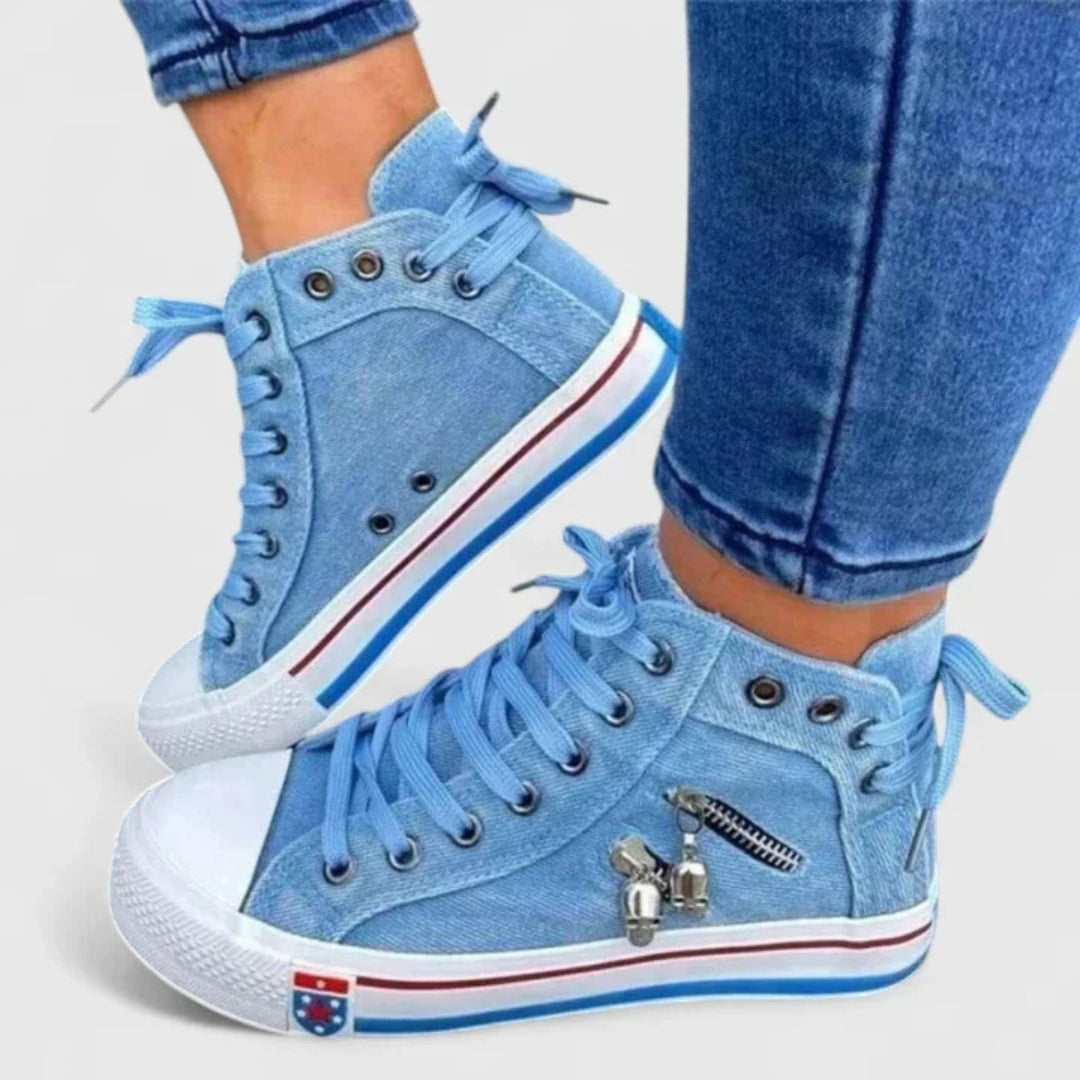Women's Denim High-Top Sneakers - Modern Lace-Up Style | Spring - Denim Blue