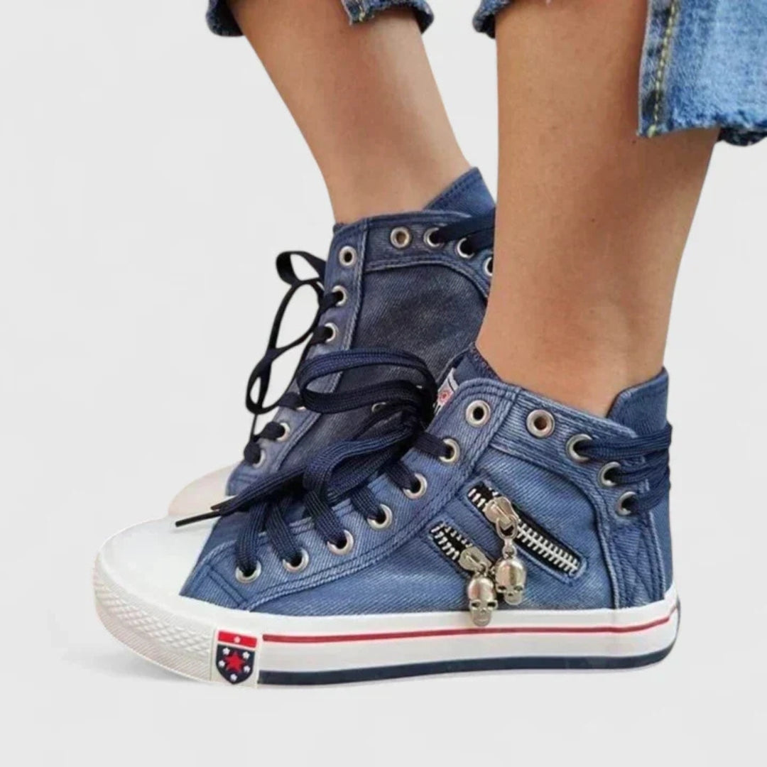 Women's Denim High-Top Sneakers - Modern Lace-Up Style | Spring - Navy