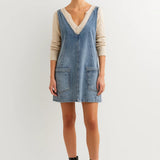 Women's Denim Mini Dress | V-Neck | Summer - Light Denim