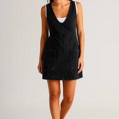 Women's Denim Mini Dress | V-Neck | Summer - Black Denim