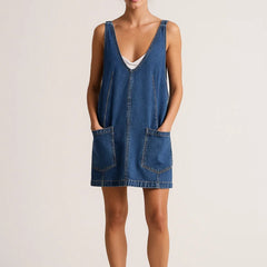 Women's Denim Mini Dress | V-Neck | Summer - Dark Denim