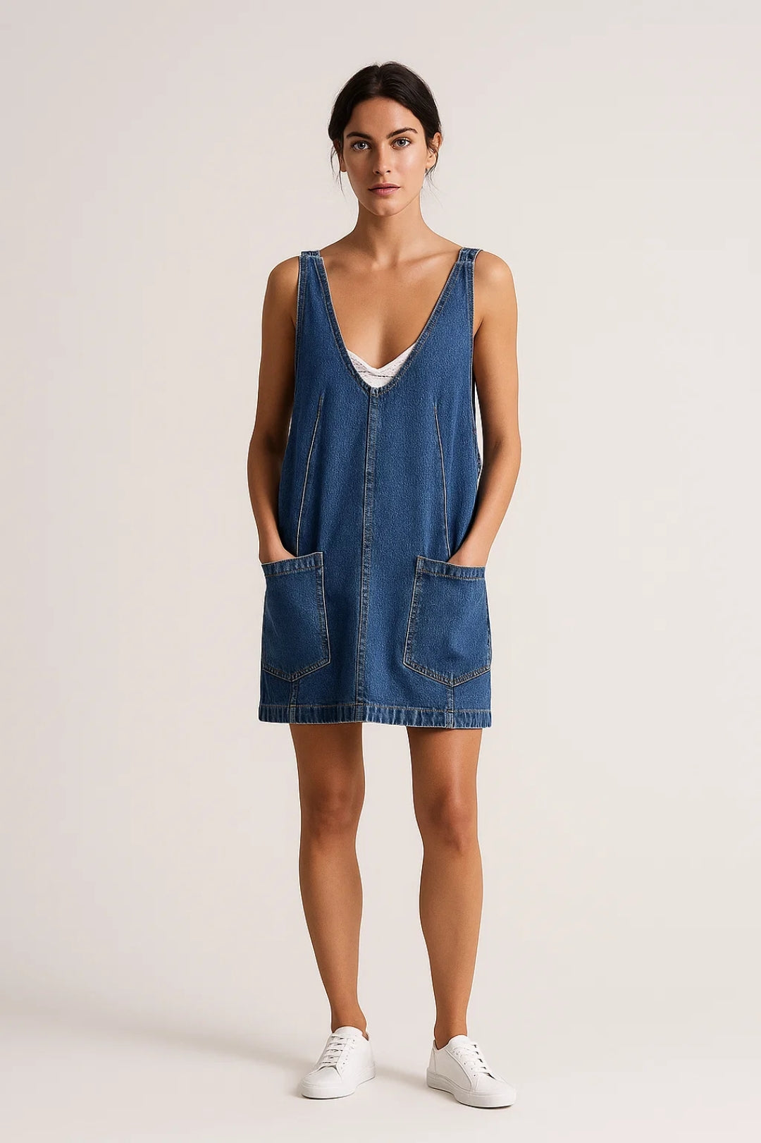 Women's Denim Mini Dress | V-Neck | Summer - Dark Denim