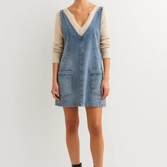 Women's Denim Mini Dress | V-Neck | Summer - Light Denim