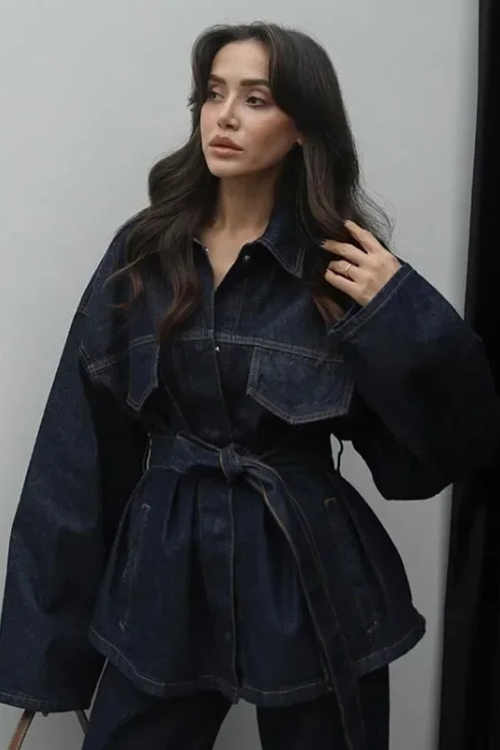 Women's Denim Set | Belted Jacket & Wide-Leg Pant | Spring - Dark Denim