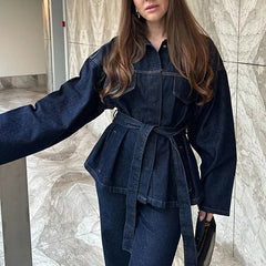 Women's Denim Set | Belted Jacket & Wide-Leg Pant | Spring