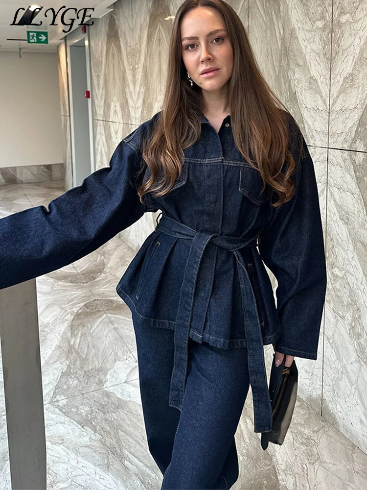 Women's Denim Set | Belted Jacket & Wide-Leg Pant | Spring