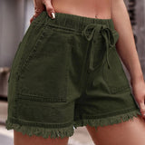 Women's Denim Shorts | Elastic Waist Fringe Hem | Summer - Army Green