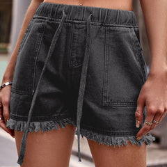 Women's Denim Shorts | Elastic Waist Fringe Hem | Summer - Dark Grey
