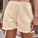 Women's Denim Shorts | Elastic Waist Fringe Hem | Summer - Light Khaki