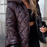 Women's Diamond Quilted Hooded Puffer Jacket - Oversized Winter Coat - Brown