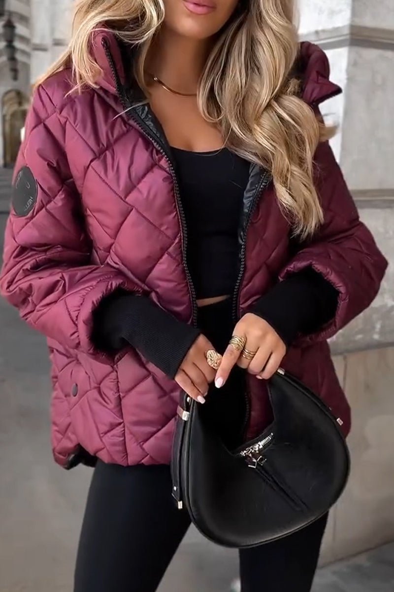 Women's Diamond Quilted Hooded Puffer Jacket - Oversized Winter Coat - Wine Red