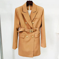 Women's Double-Breasted Blazer Dress | Mini | Gold Buttons | Autumn - Beige