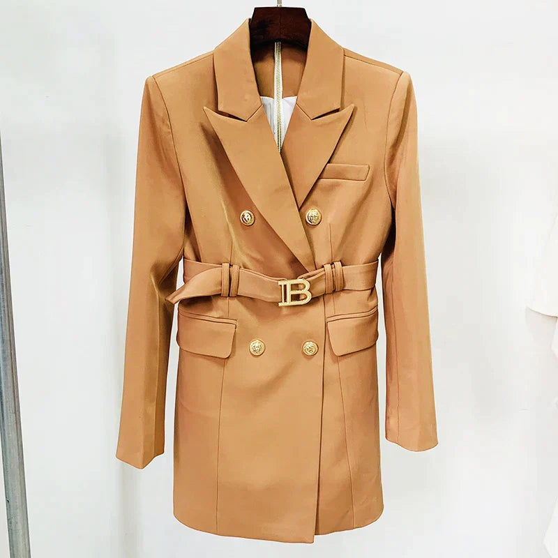 Women's Double-Breasted Blazer Dress | Mini | Gold Buttons | Autumn - Beige