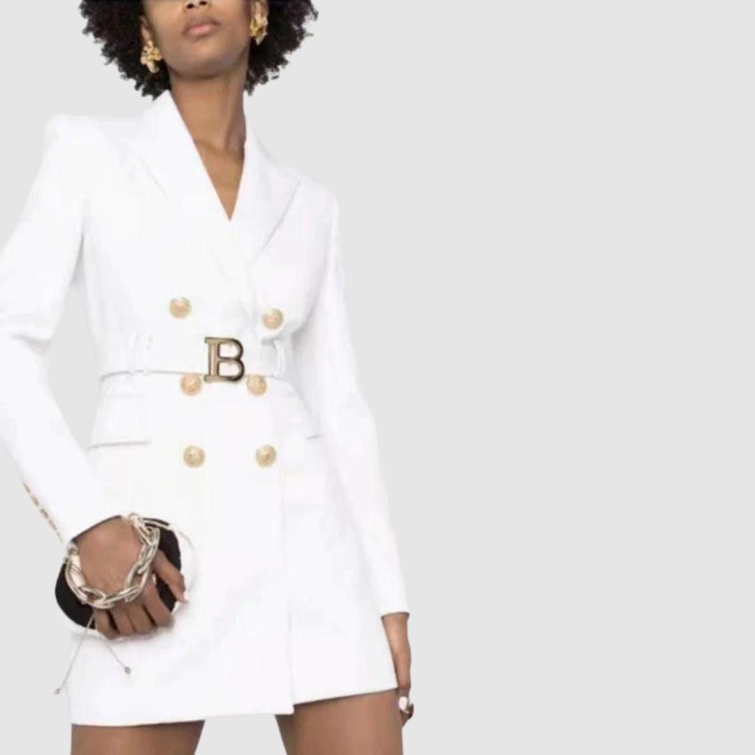 Women's Double-Breasted Blazer Dress | Mini | Gold Buttons | Autumn - White
