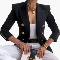 Women's Double-Breasted Blazer | Gold Buttons | Elegant | Autumn - Black