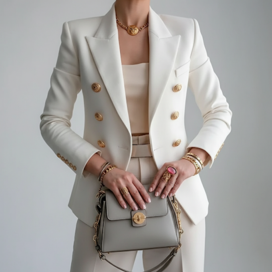 Women's Double-Breasted Blazer with Gold Buttons | Spring - White