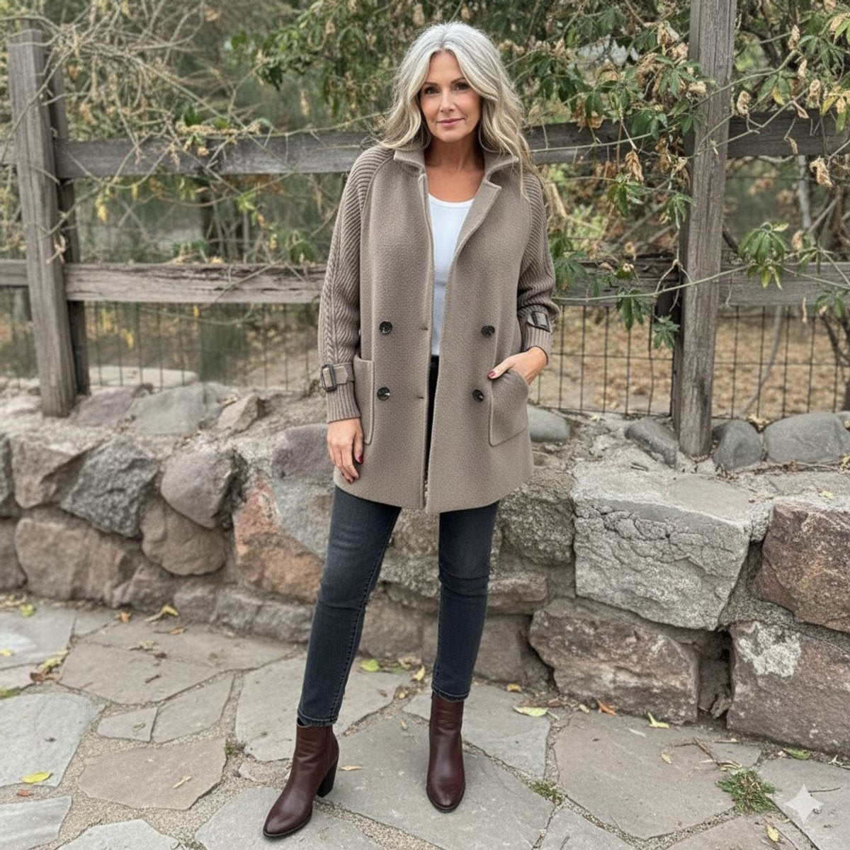 Women's Double-Breasted Cable-Knit Sleeve Jacket - Tailored Coat