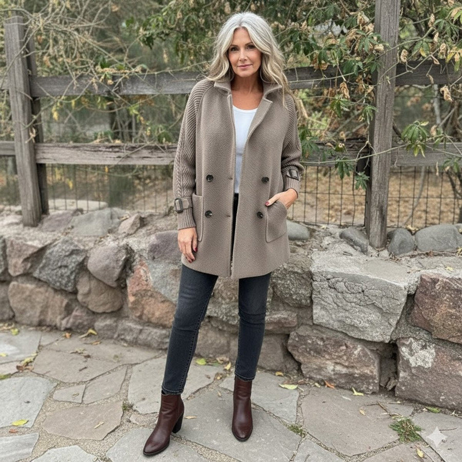 Women's Double-Breasted Cable-Knit Sleeve Jacket - Tailored Coat