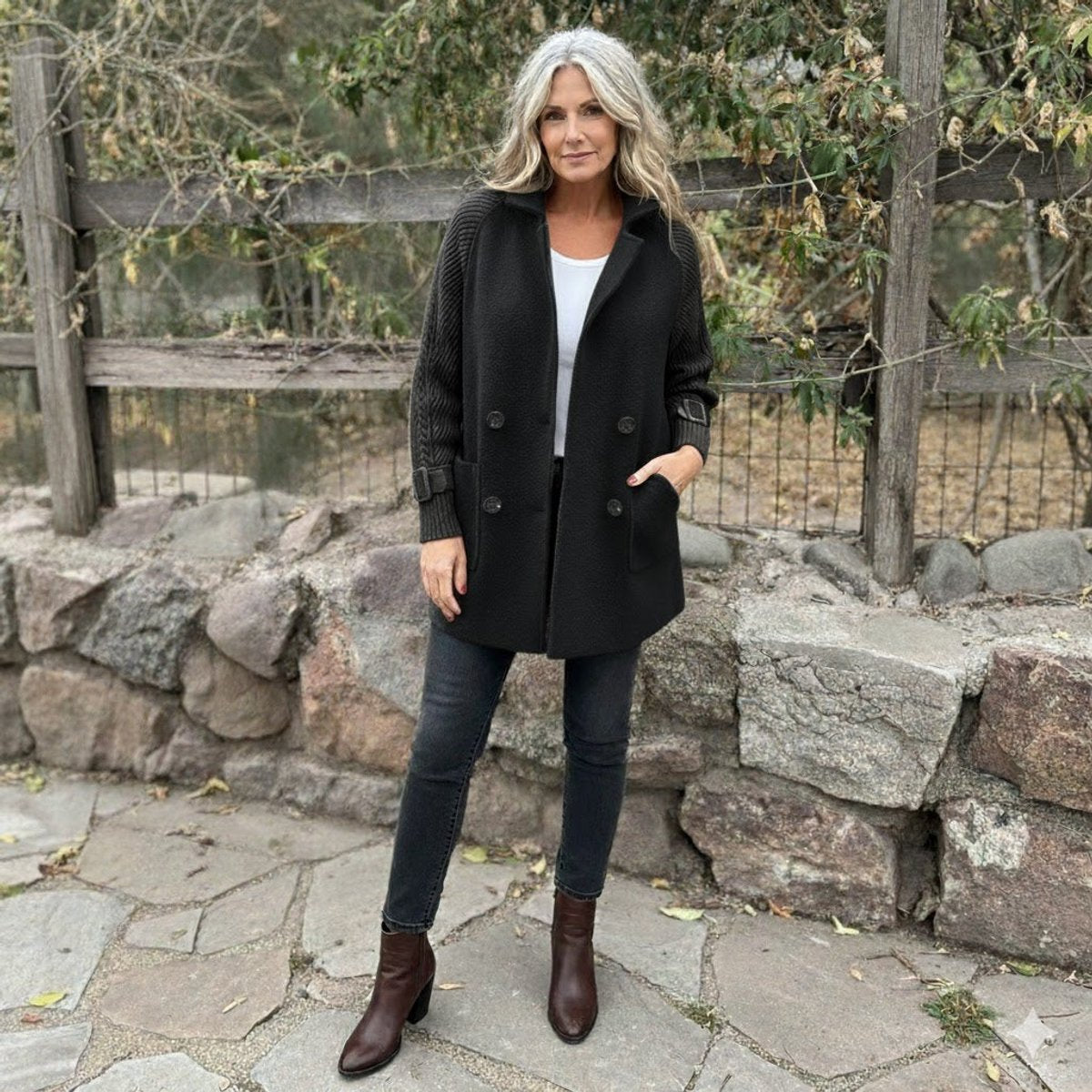 Women's Double-Breasted Cable-Knit Sleeve Jacket - Tailored Coat
